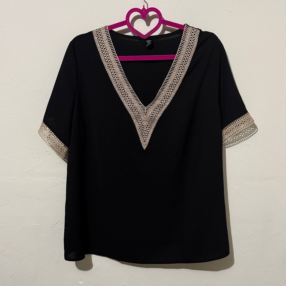 SHEIN Black Top with Cream Lace V-Neck